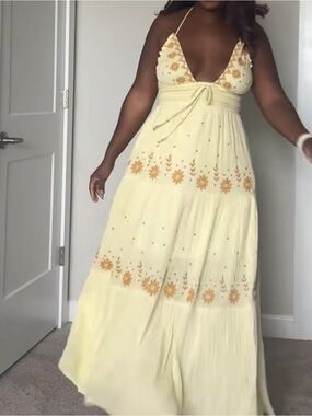 Free People Pale Yellow Floral Halter Maxi Dress